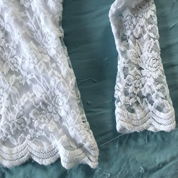 White Ivory Floral Embroidered Lace Double Layered Sheer Long Sleeve Top - Picture 8 of 16